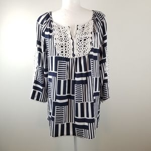 Crown & Ivy Dark Blue/White Print Top
